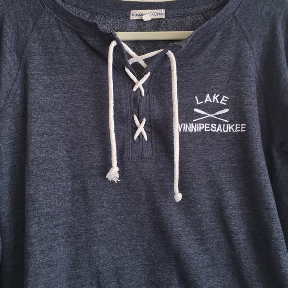 Vineyard Crew Denim Color Lace Up Sweater. Size S - Picture 2 of 5